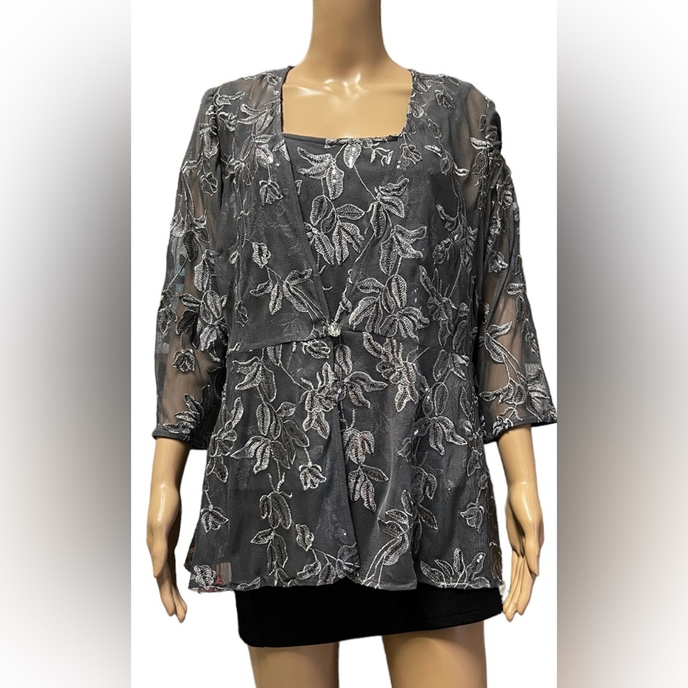 NWT Alex Evenings Women's 2-Piece Tank & Jacket Grey Steel 3/4  Sleeve S…
